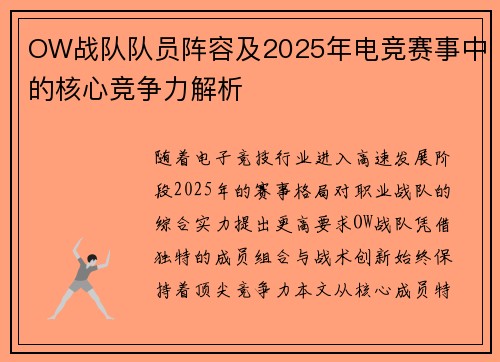 OW战队队员阵容及2025年电竞赛事中的核心竞争力解析